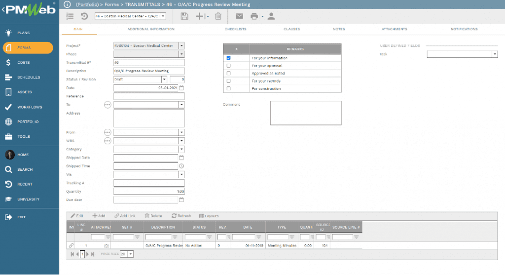 PMWeb 7 Forms Transmittals Main