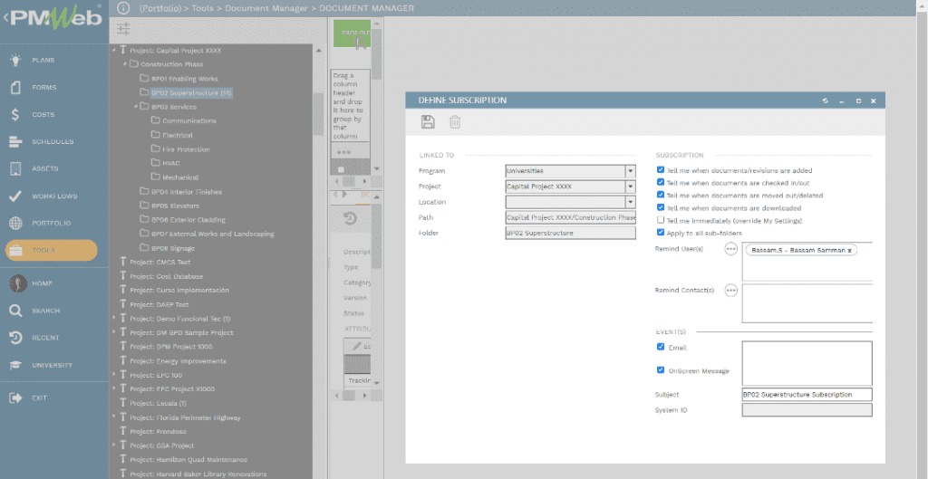 PMWeb 7 Tools Document Manager 
Define Subscription 