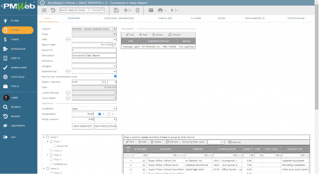 PMWeb 7 Forms Daily Report Main