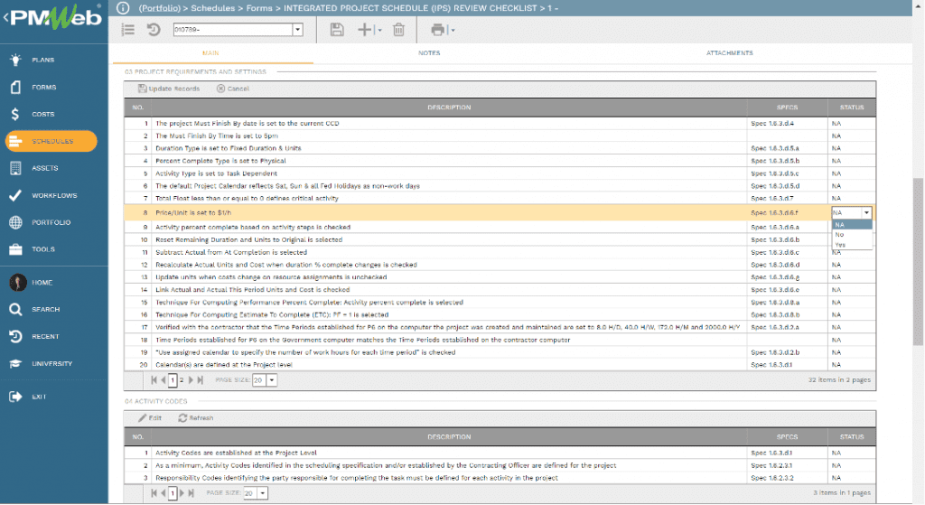 PMWeb 7 Schedule Forms Integrated Project Schedule (IPS) Main