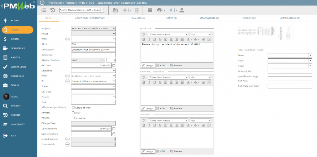 PMWeb 7 Forms RFIs for planning engineers