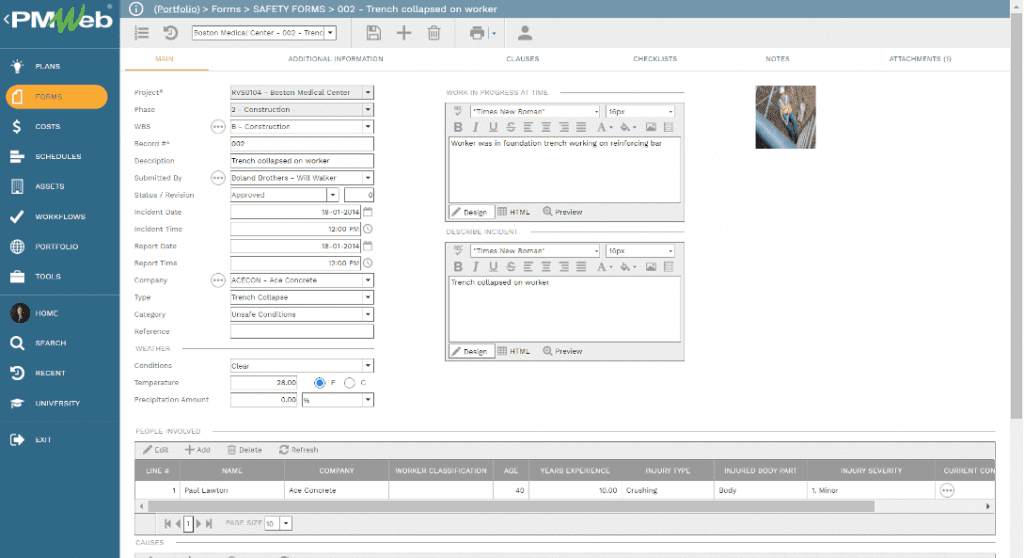 PMWeb 7 Forms Safety Forms Main