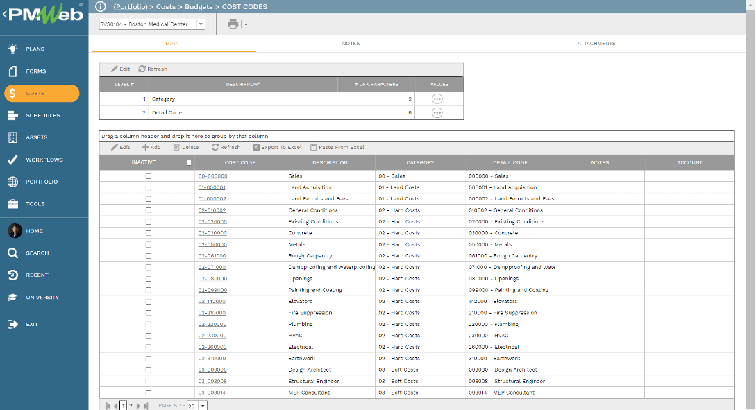 PMWeb 7 Costs Budgets Cost Codes Main