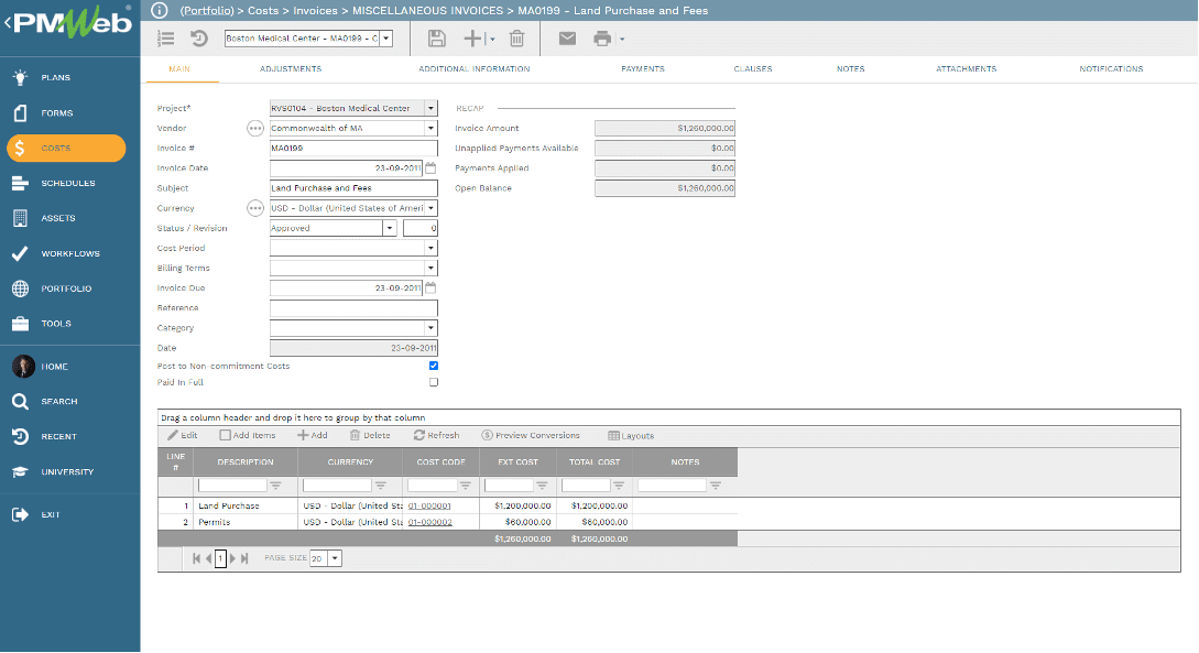 PMWeb 7 Costs Invoices Miscellaneous  Invoices Main 