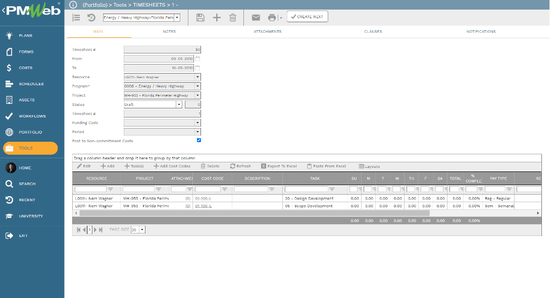 PMWeb 7 Tools Timesheets Main