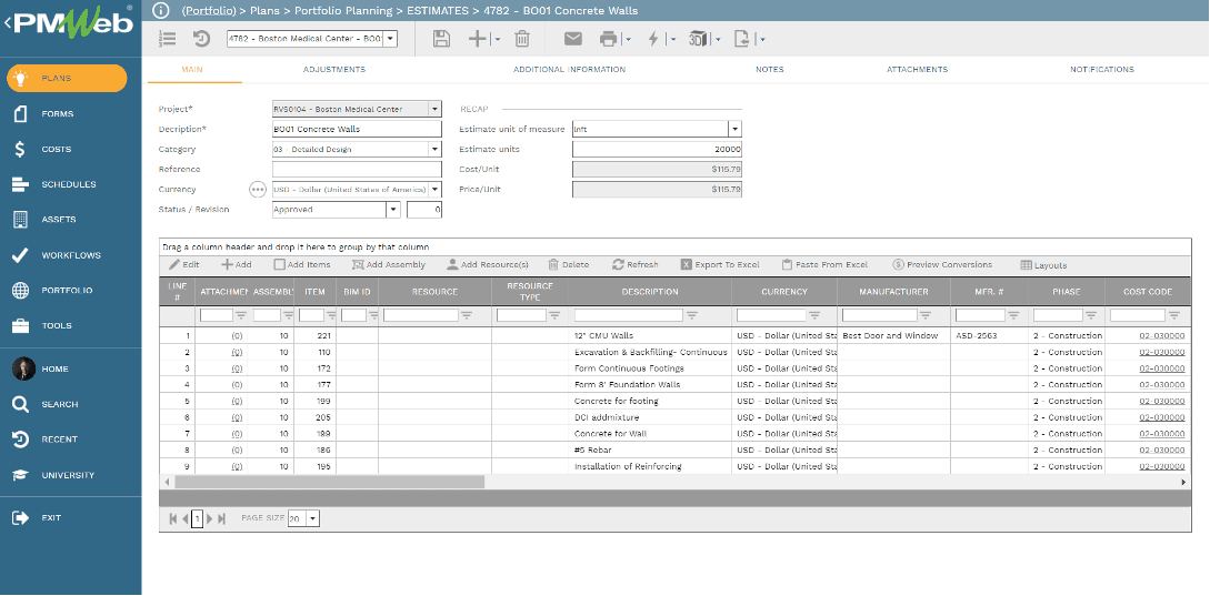 PMWeb 7 Plans Portfolio Planning Estimates Main