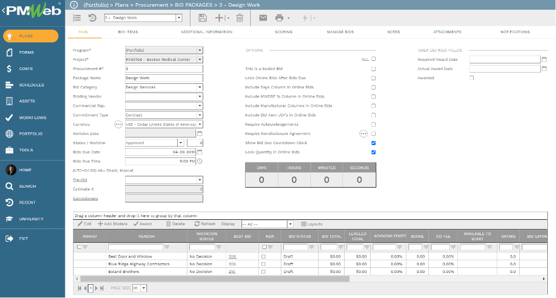 PMWeb 7 Plans Procurement Bid Packages Main