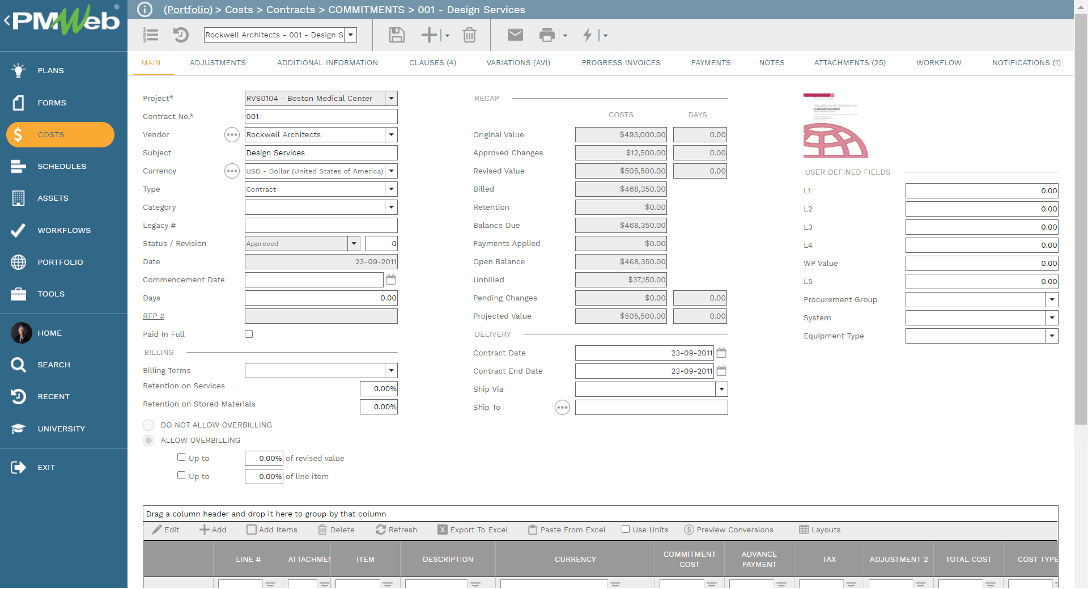 PMWeb 7 Costs Contracts Commitments Main