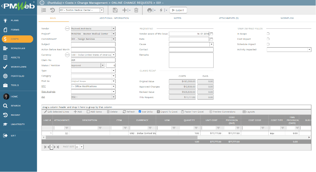 PMWeb 7 Costs Change Managment Online Change  Requests Main 