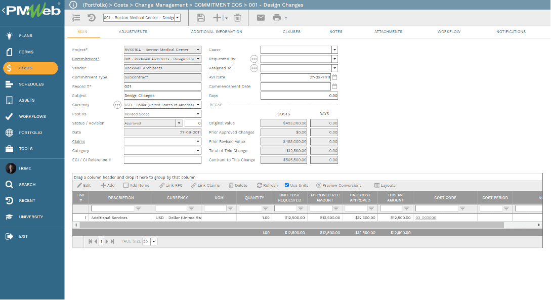 PMWeb 7 Costs Change Managment Commitments COS Main 