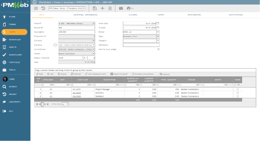 PMWeb 7 Costs Invoices Production Main 