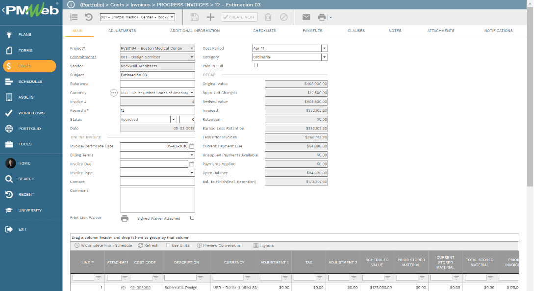 PMWeb 7 Costs Invoices Processes Invoices Main 