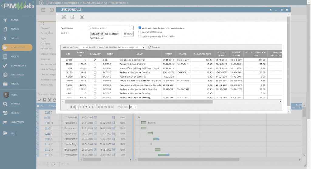 PMWeb 7 Link Schedules for creating a Narrative Schedule Report With the Integrated Project Schedule