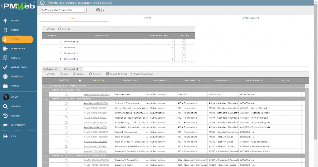 PMWeb 7 Costs Budgets Cost Codes Main 