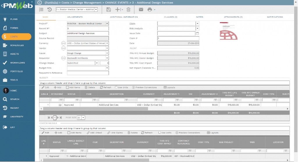 PMWeb 7 Costs Change Managment  Change Events Main 