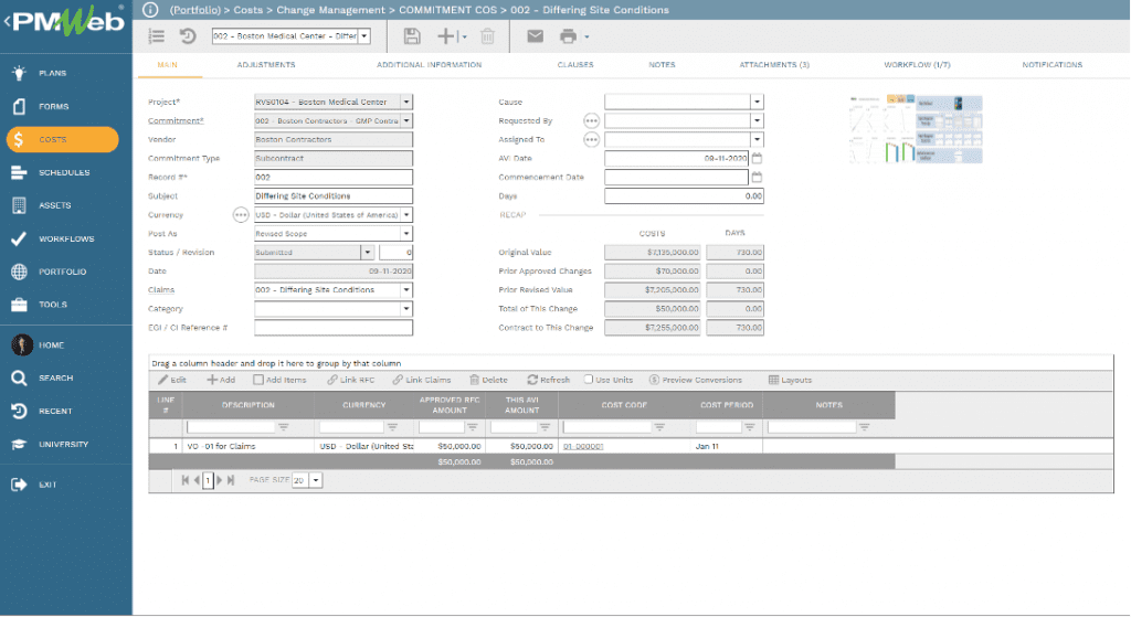 PMWeb 7 Costs Change Management Commitment Differing Site Conditions to manage budget cuts