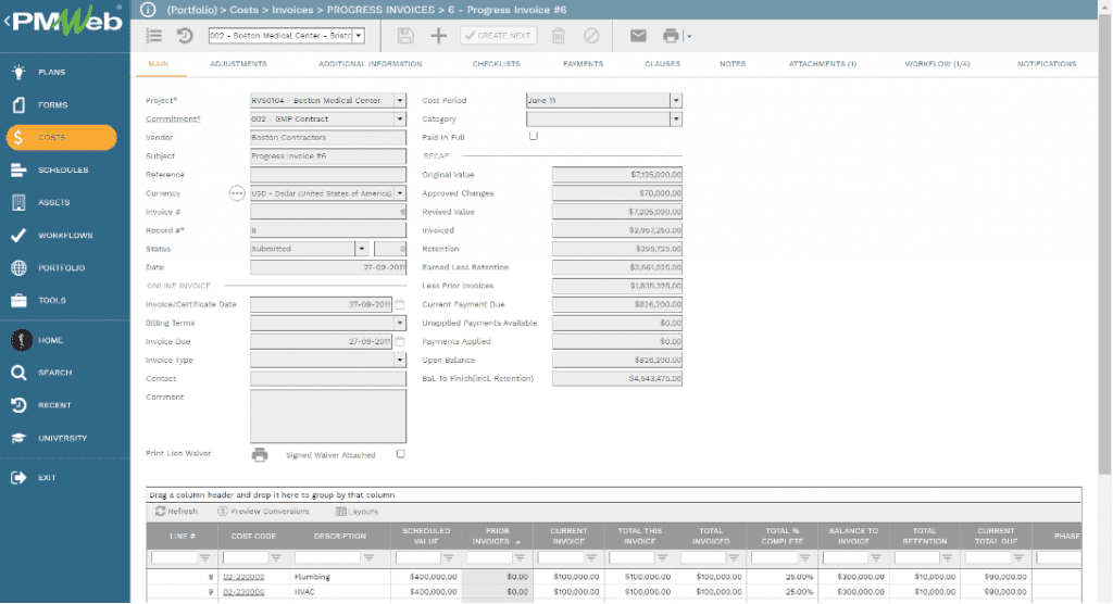 PMWeb 7 Costs Invoices Progress Invoices Main 