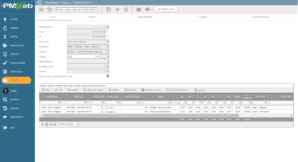 PMWeb 7 Tools Timesheets Main 