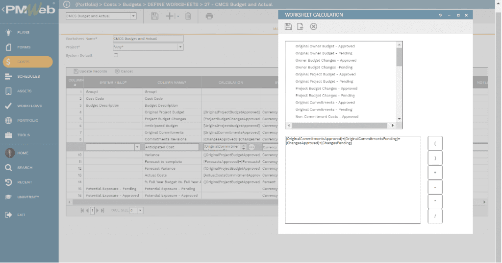 PMWeb 7 Costs Budgets Define Worksheet Main Worksheet Calculation 