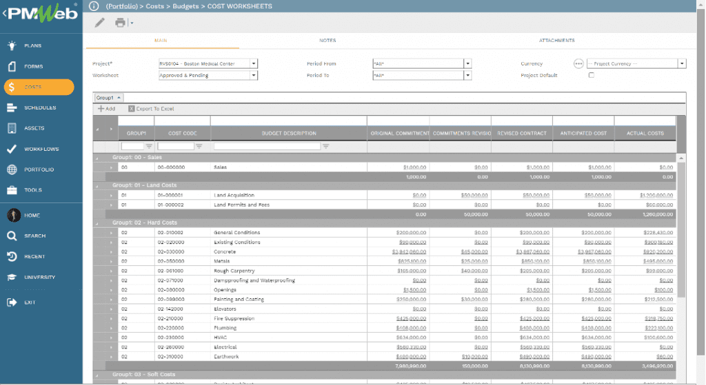 PMWeb 7 Costs Budgets Define Worksheet to track budget cuts