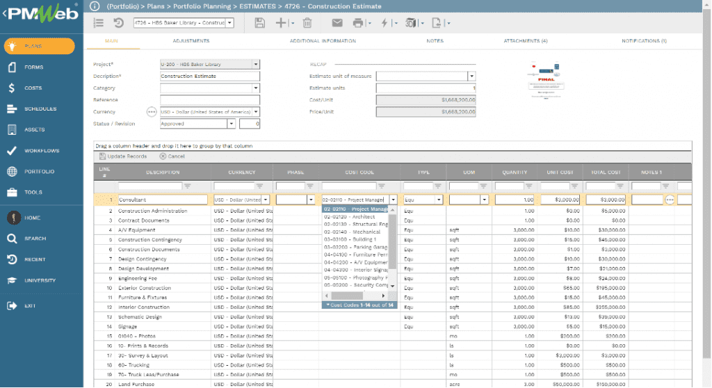 PMWeb 7 Plans Portfolio Planning Estimates main