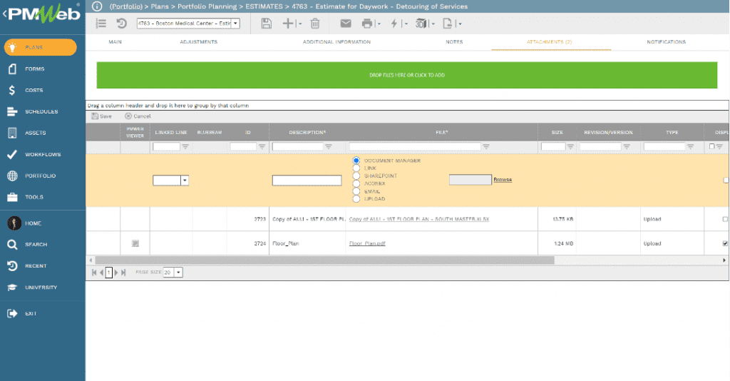 PMWeb 7 Plans Portfolio Planning Estimates Attachments