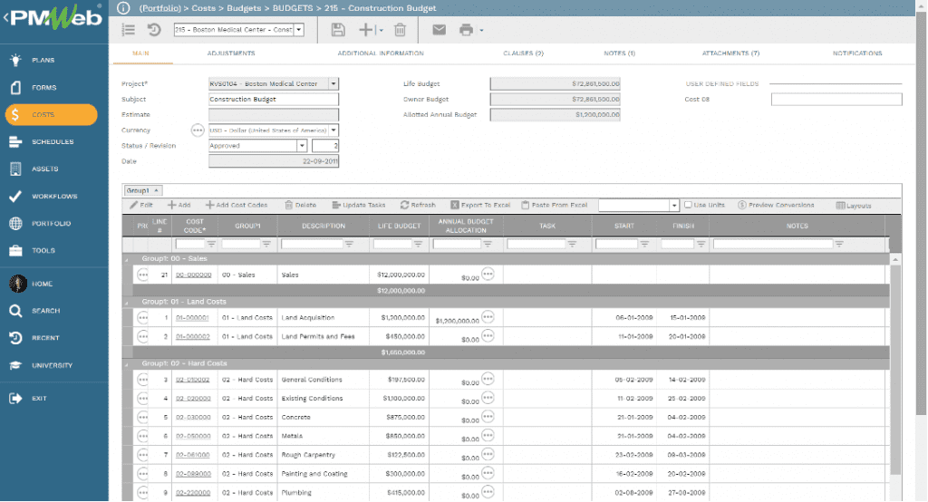 PMWeb 7 Costs Budgets Cost Codes Main 