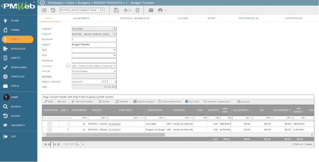 PMWeb 7 Costs Budgets Budget request Main 