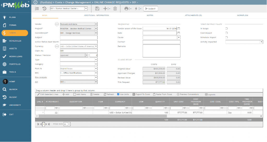 PMWeb 7 Costs Change Managment Online Change Requests Main 