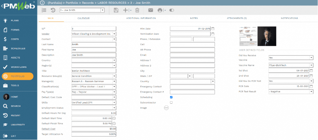 PMWeb 7 Portfolio Record Labor Resources Main 