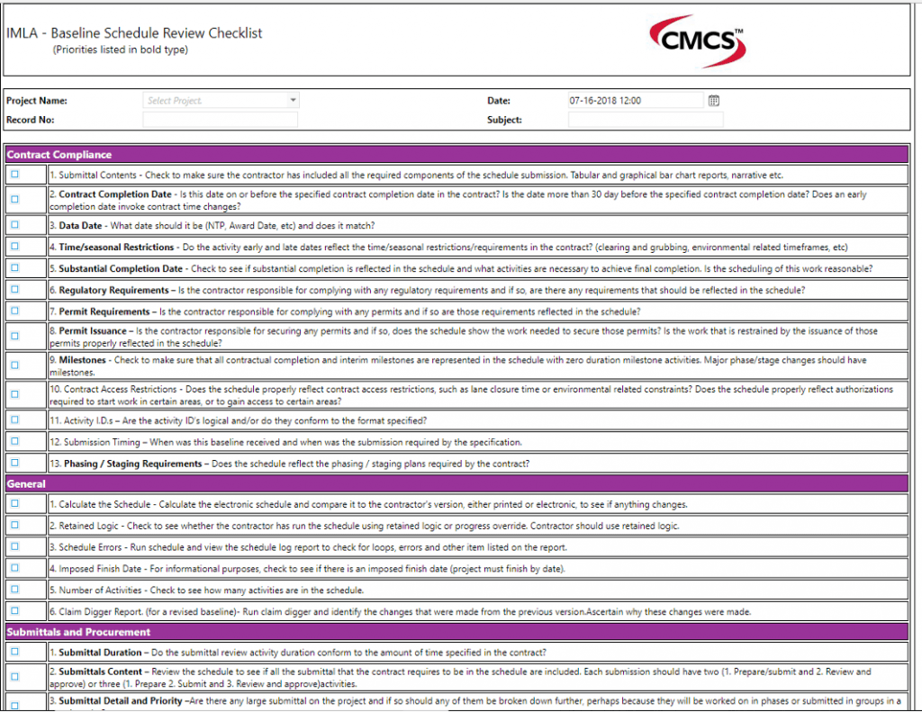 PMWeb 7 Schedule Review Checklist 