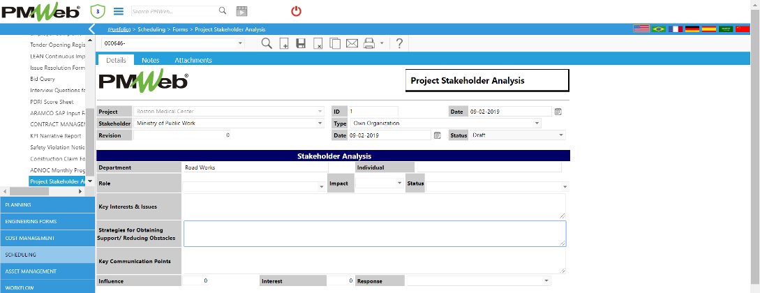 PMWeb 7 Scheduling Forms capital projects’ stakeholders Analysis Details 