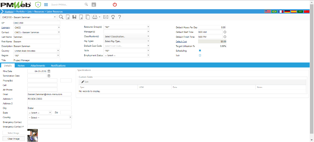 PMWeb 7 Portfolio List Resources Labor Resources Details for the Engineering Phase