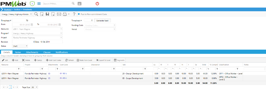 PMWeb 7 Toolbox Timesheets Details 