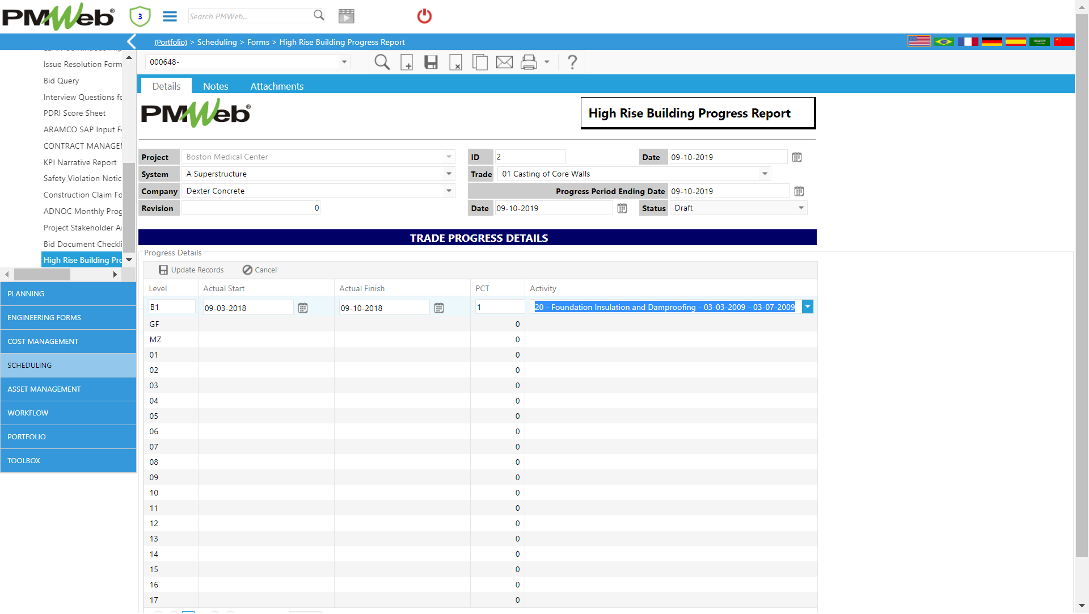 PMWeb 7 Scheduling Forms High-Rise Towers Building Progress Report Details