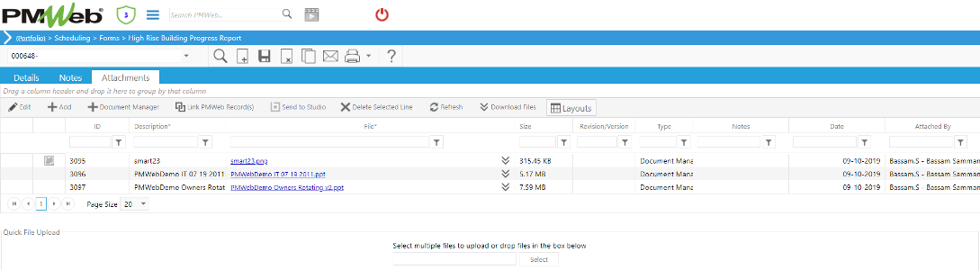 PMWeb 7 Scheduling Forms Hight Rise Building Progress Report Attachments 