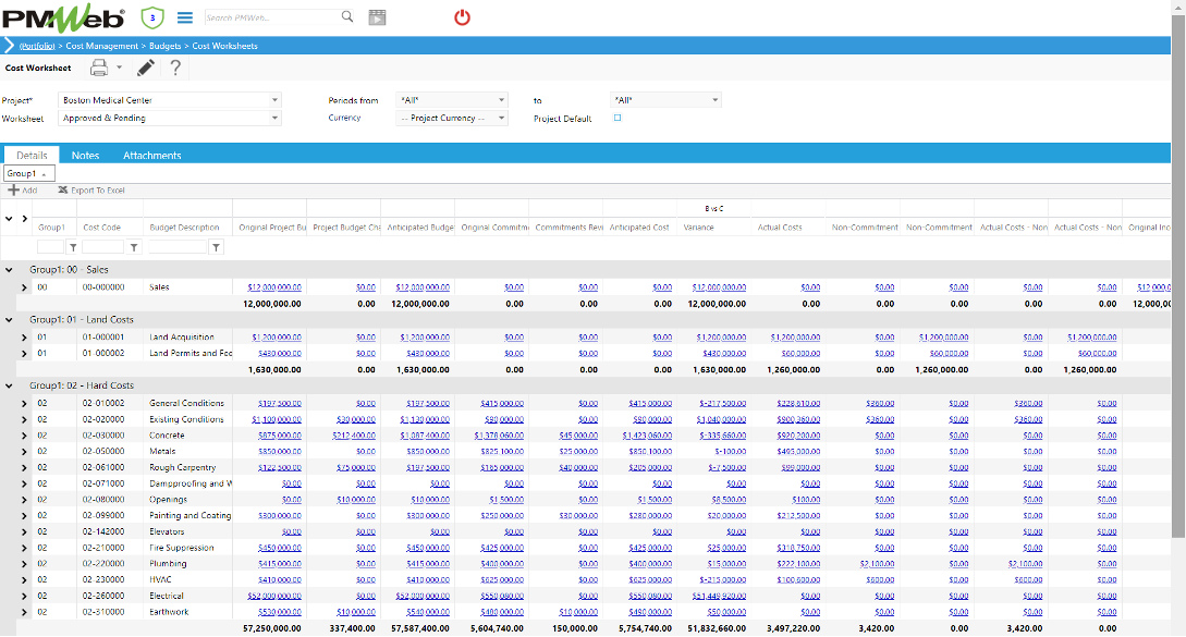 PMWeb 7 Cost Managment Budget Costs Worksheets