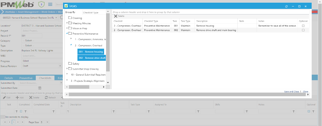 PMWeb 7 Asset Managment Work Orders Work Orders Checklists Tasks