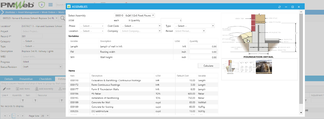 PMWeb 7 Asset Managment Work Orders Work Orders Estimate Assemblies 