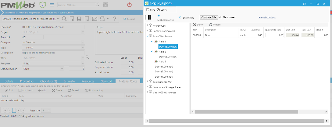 PMWeb 7 Asset Managment Work Orders Work Orders Materials Pick Inventory 