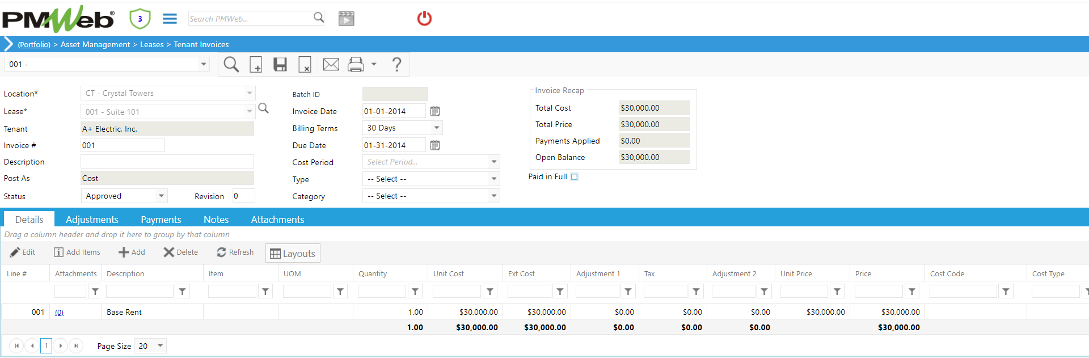 PMWeb 7 Assets Managment Leases Tenant Invoices Details 