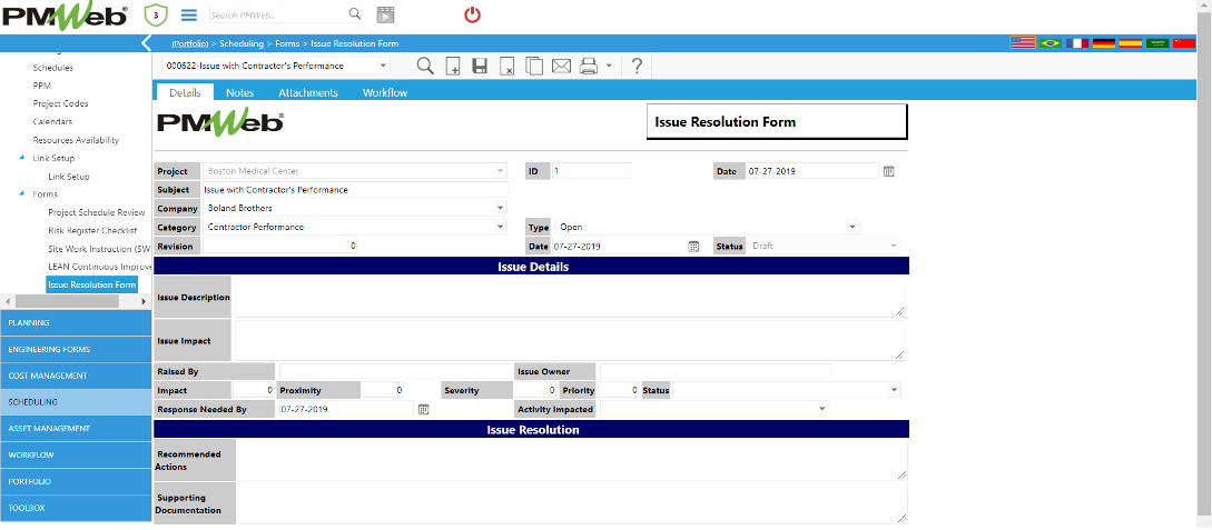 PMWeb 7 Scheduling Forms Issue Resolution Form Details 