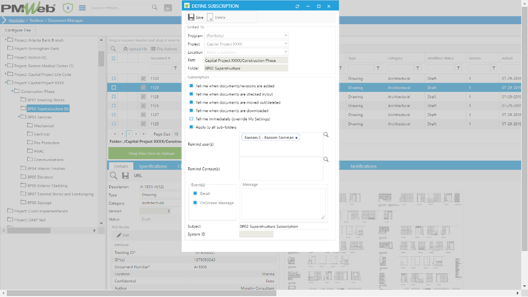 PMWeb 7 Toolbox Document Manager Details Define Subscription 