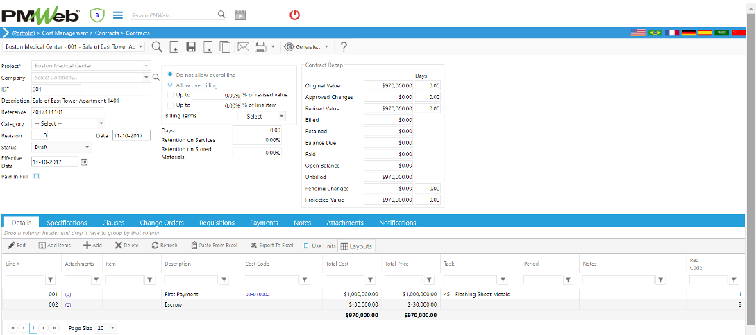 PMWeb 7 Cost Managment Contracts Contracts Details 