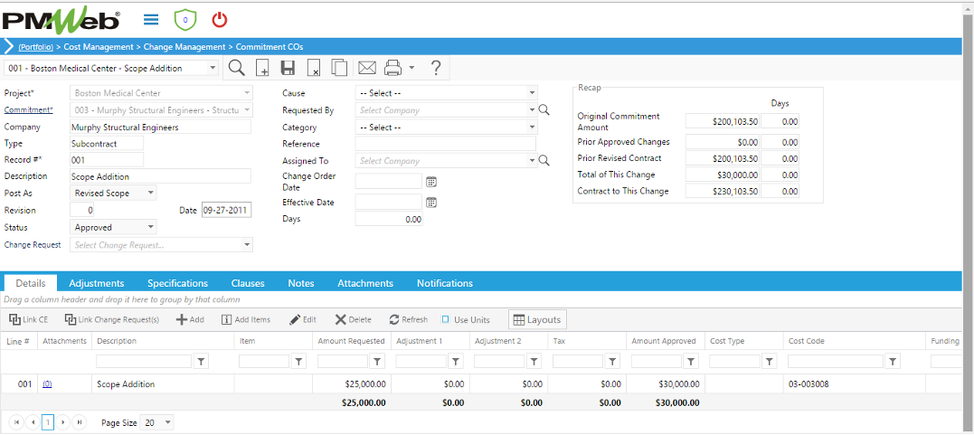 PMWeb 7 Cost Managment Change Managment Commitments COs Details 