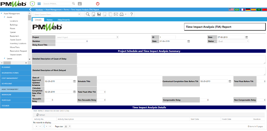 PMWeb 7 Assets Managment Forms Time Impact Analysis (TIA) Report 
Details 