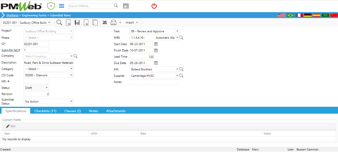 PMWeb 7 Engineering Forms Submittal Items Specifications