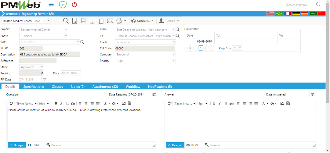 PMWeb 7 Engineering Forms RFIs Details  