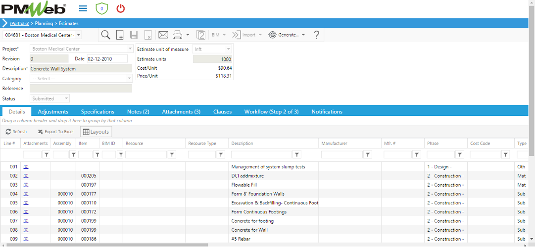 PMWeb 7 Planning Estimates Details 