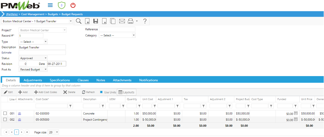 PMWeb 7 Cost Managment Budget Budgets Requests Details